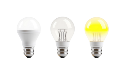 incandescent light bulb, fluorescent lamp and led light bulb on a white isolated background