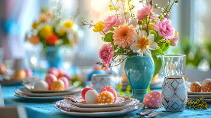 Obraz na płótnie Canvas Close up of Easter table setting with spring bouquet and Easter eggs on Easter morning