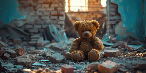 Old teddy bear in ruins of house - obrazy, fototapety, plakaty