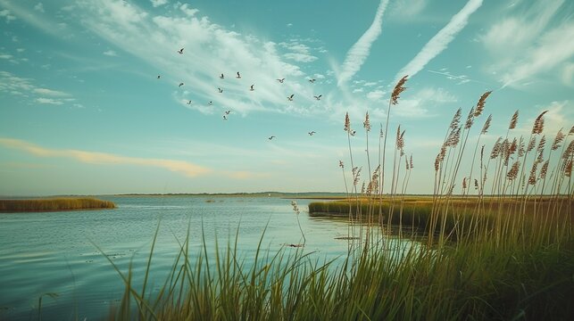 A coastal estuary alive with the calls of shorebirds, framed by marsh grasses swaying in the breeze
