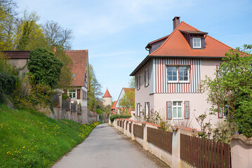 walkway inside the historical old town of Dinkelsbuhl, at springtime
