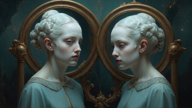 Gemini, the twins, captured in a whimsical scene showcasing duality and curiosity, with mirror images and playful interaction between two subjects