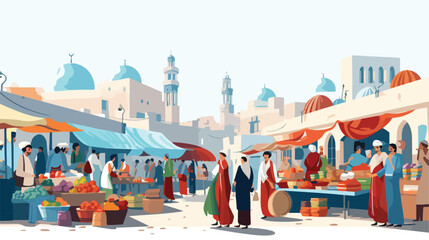 A bustling market scene in a foreign country. flat vector