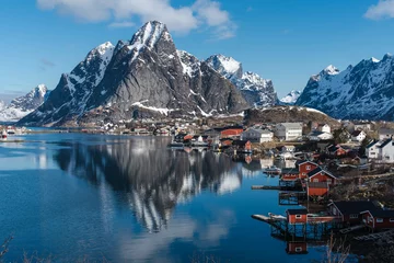 Washable wall murals Grey Spring landscape view of Reine fishing village with the Olstinden mountain in Lofoten, Norway 