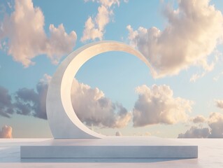 picture of a massive, white, arched product podium with a moon figurine on it set against a cloudy, blue sky - obrazy, fototapety, plakaty