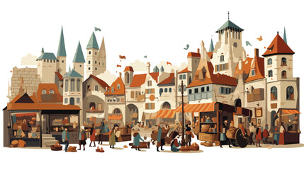 A bustling marketplace in a medieval fantasy realm f - obrazy, fototapety, plakaty