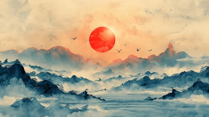 An abstract art landscape with crane birds elements and Chinese clouds with blue watercolor texture. - obrazy, fototapety, plakaty