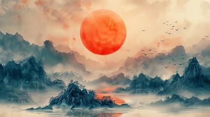 Chinese cloud decoration with blue watercolor texture in vintage style. Abstract landscape with crane birds and a red sun.