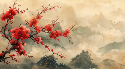 An art natural landscape background with watercolor texture modern. Cherry blossoms with Chinese clouds. Branch with leaves and flowers decoration. - obrazy, fototapety, plakaty