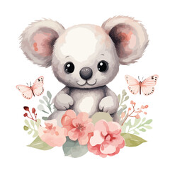 Cute koala clipart with watercolor with pink flower 