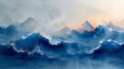 Abstract art landscape banner design with watercolor texture modern. Asian traditional icon with blue brush stroke texture.