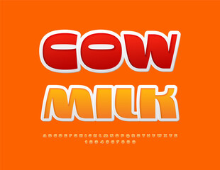 Vector advertising sign Cow Milk. Modern Bright Font. Creative Alphabet Letters and Numbers set.