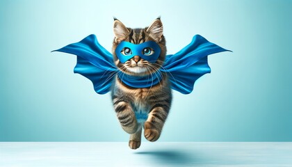 superhero cat, Cute most beautiful tabby kitty with a blue cloak and mask jumping and flying on...