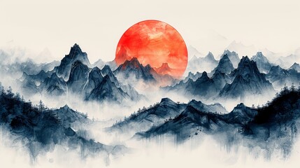 The background of this template is Japanese landscape with watercolor texture modern. The banner and logo are gray and black. - obrazy, fototapety, plakaty