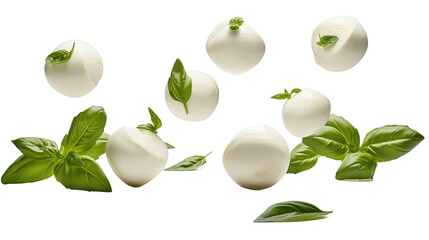 mozzarella balls and basil leaves levitate on white isolated background - obrazy, fototapety, plakaty