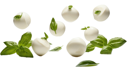 mozzarella balls and basil leaves levitate on white isolated background