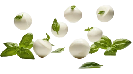Foto op Plexiglas mozzarella balls and basil leaves levitate on white isolated background © Creative Canvas