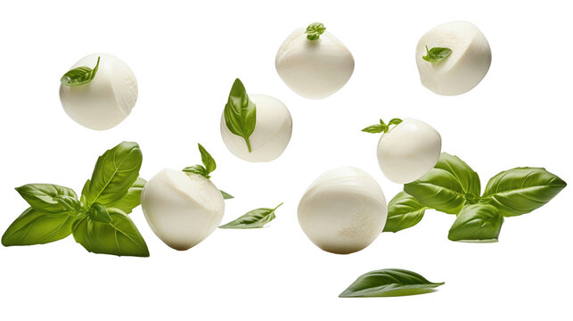 mozzarella balls and basil leaves levitate on white isolated background