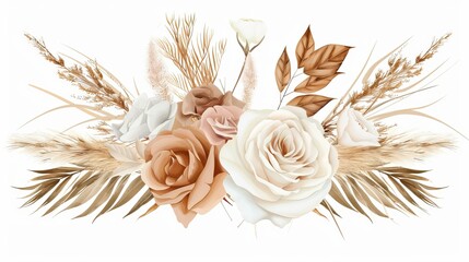 This trendy bouquet consists of dried palm leaves, blush pink and rust roses, pale protea, white ranunculus, pampas grass. Beige, gold, brown, rust, taupe. The elements are grouped and editable. - obrazy, fototapety, plakaty