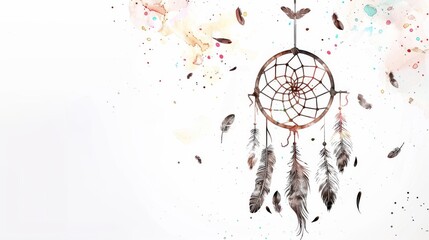 Decorative dreamcatcher hand-drawn with ethnic arrows and feathers in Boho style. - obrazy, fototapety, plakaty