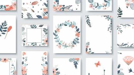 Collection of icon, flyer, and ppt templates with wreaths, flowers, wildflowers, cakes, arrows, and feathers