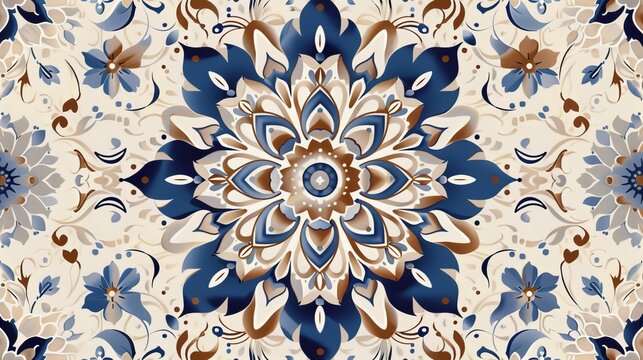 Boho chic flower seamless pattern. Elegant floral background for wallpaper, gift papers, fabric prints, furniture, curtains. Mandala design element. Unusual flourish ornament. Blue, brown, beige.