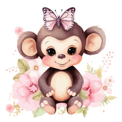 Cute monkey clipart with watercolor with pink flower