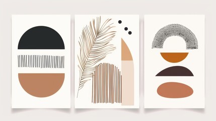 A set of abstract contemporary mid century posters with geometric shapes. This set can be used as wallpaper, background, wall decor, covers, prints, cards, or branding. Modern boho minimalism art.