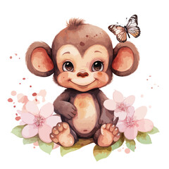 Fototapeta premium Cute monkey clipart with watercolor with pink flower