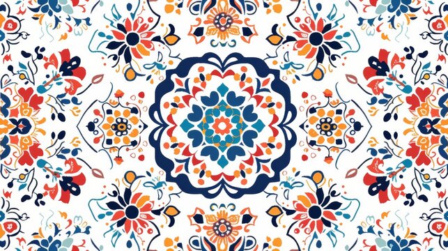 A luxurious oriental tile seamless pattern. A colorful floral patchwork background. A boho chic style Mandala. An unusual flourish pattern. Moroccan Portuguese motif.