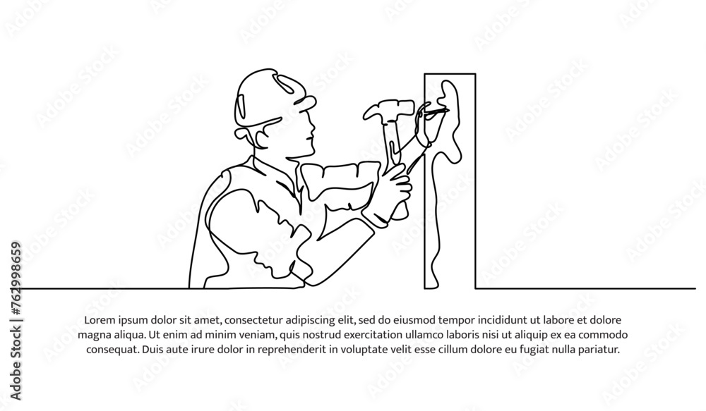 Poster one line continuous of a contractor nails using a hammer. minimalist style vector illustration in wh