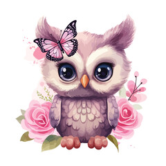 Cute owl clipart with watercolor with pink flower 