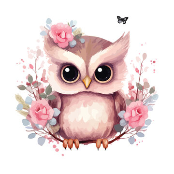 Cute owl clipart with watercolor with pink flower 