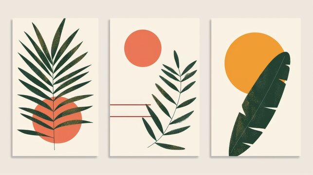 A geometric poster set in a midcentury style. Modern illustration: palm leaf, geo elements for minimal prints, posters, boho wall decor, flat design moderns.