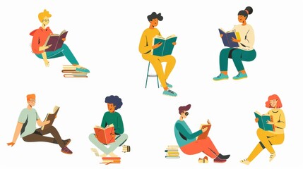 The illustration shows people sitting around in various poses reading books in a flat design style.