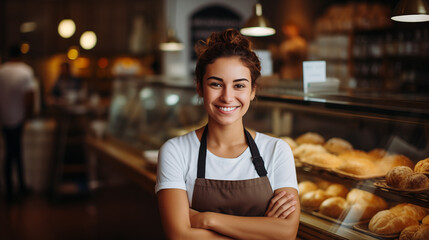 Young woman standing his own bakery shop