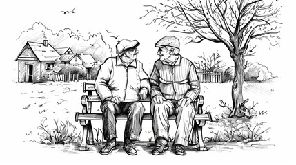 Angry elderly couple sitting on a bench in a rural village. Hand drawn illustration. Modern doodle design.