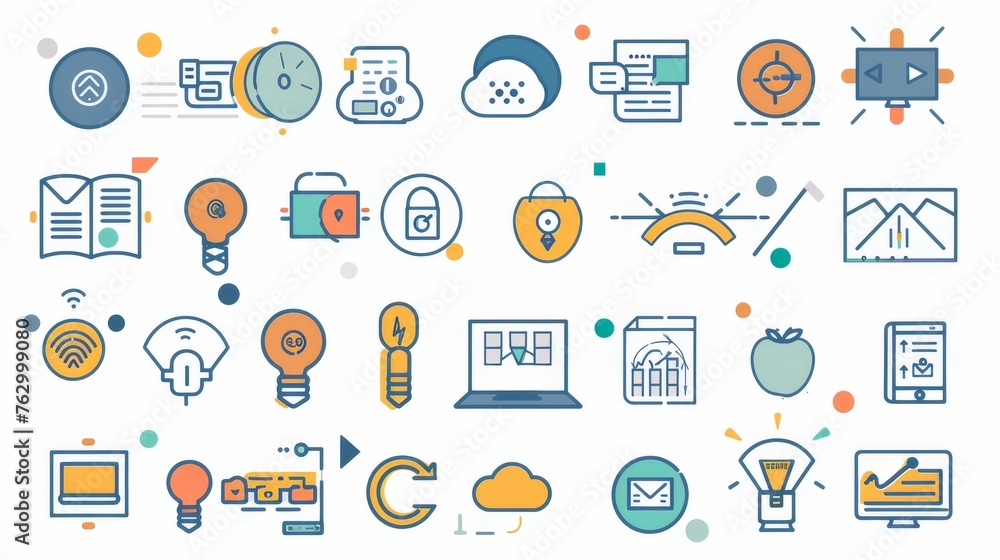 Poster a set of simple color network icons in flat design style.