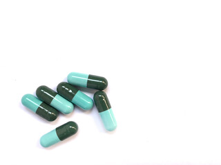 Close up pills medication isolated on white background