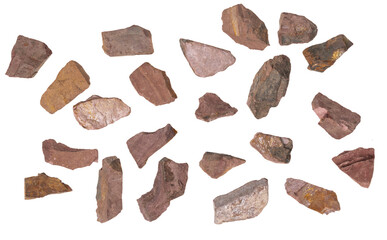 crushed stone crumb isolated white background close-up. rubble in a heap. natural decorative primer...