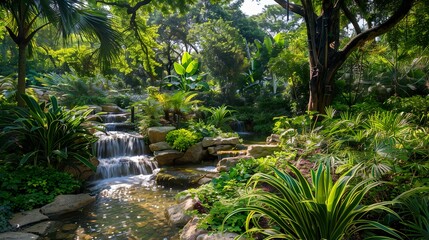 A serene garden oasis with trickling streams and lush vegetation