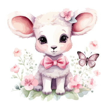 Cute sheep clipart with watercolor with pink flower 