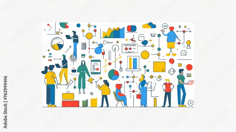 Poster the people collecting big data. i am working as part of a team, using flat design style minimal mode