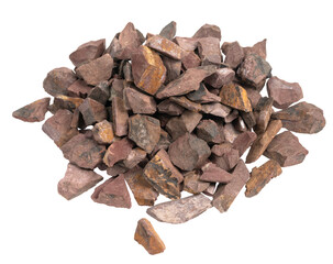 crushed stone crumb isolated white background close-up. rubble in a heap. natural decorative primer...