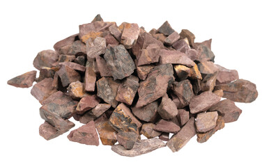 crushed stone crumb isolated white background close-up. rubble in a heap. natural decorative primer...