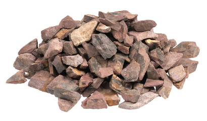 crushed stone crumb isolated white background close-up. rubble in a heap. natural decorative primer...