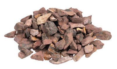 crushed stone crumb isolated white background close-up. rubble in a heap. natural decorative primer for designers. fraction texture
