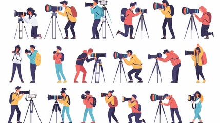 Various poses of photographer characters in flat design style. Modern illustration.