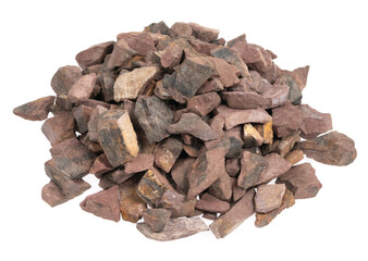 crushed stone crumb isolated white background close-up. rubble in a heap. natural decorative primer for designers. fraction texture