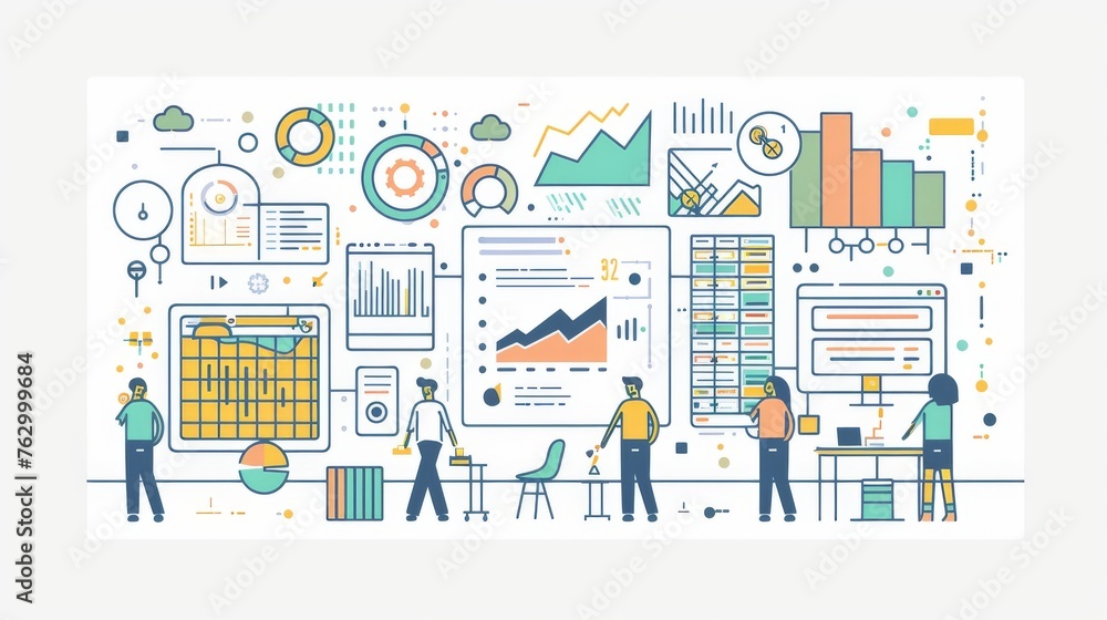 Poster the concept of a big data system with people working on it. icons for websites in flat design style.